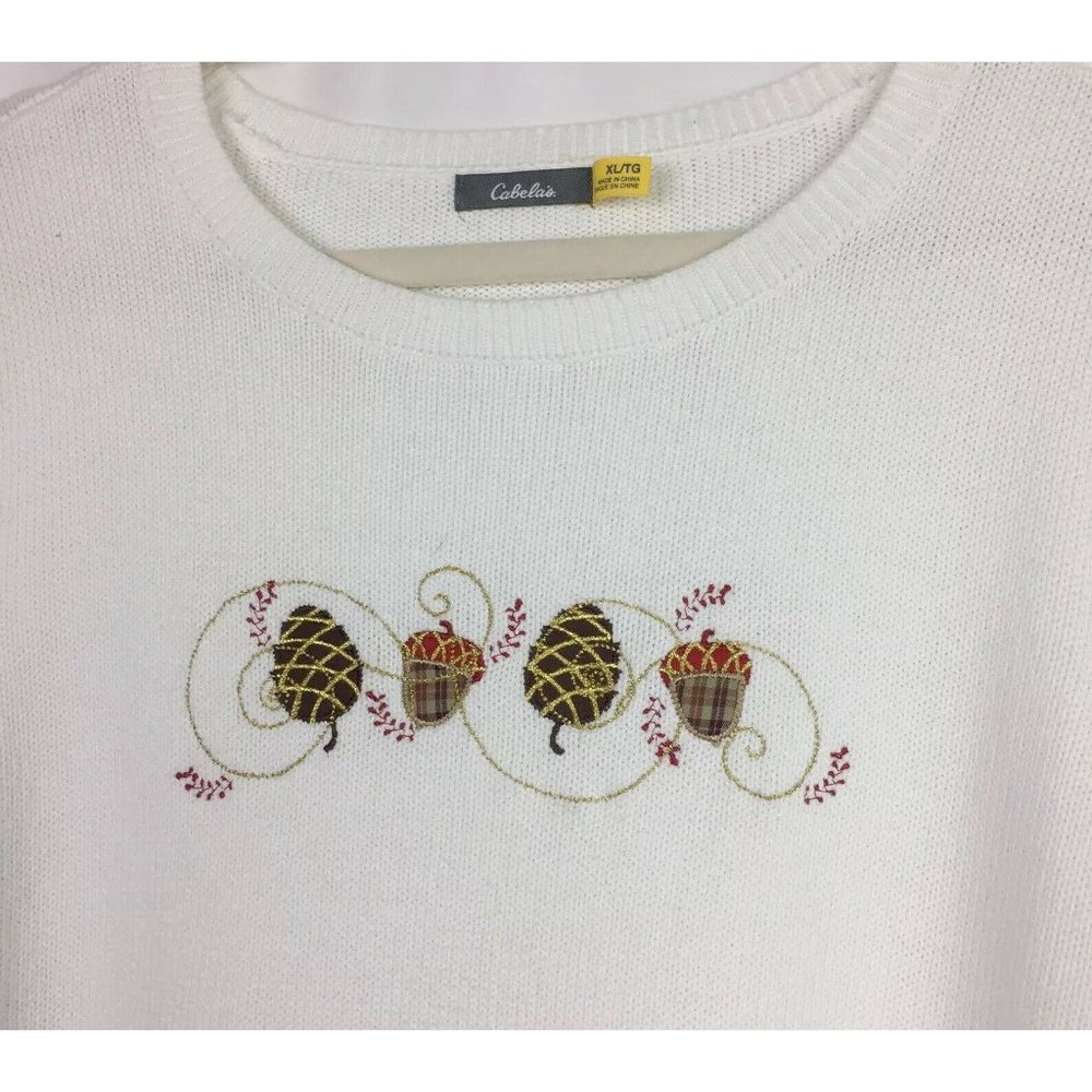 Cabelas Womens White Knit Acorns Pine Cones‎  XL TG